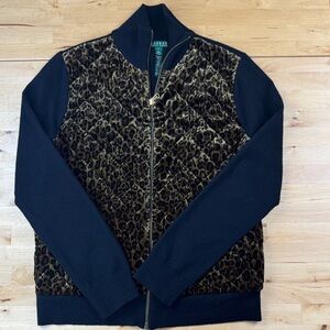 Lauren Ralph Lauren Full Zip Sweater Jacket Quilted Leopard Front Size L